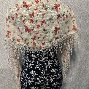 Butterfly Print Shawl with Lace Trim